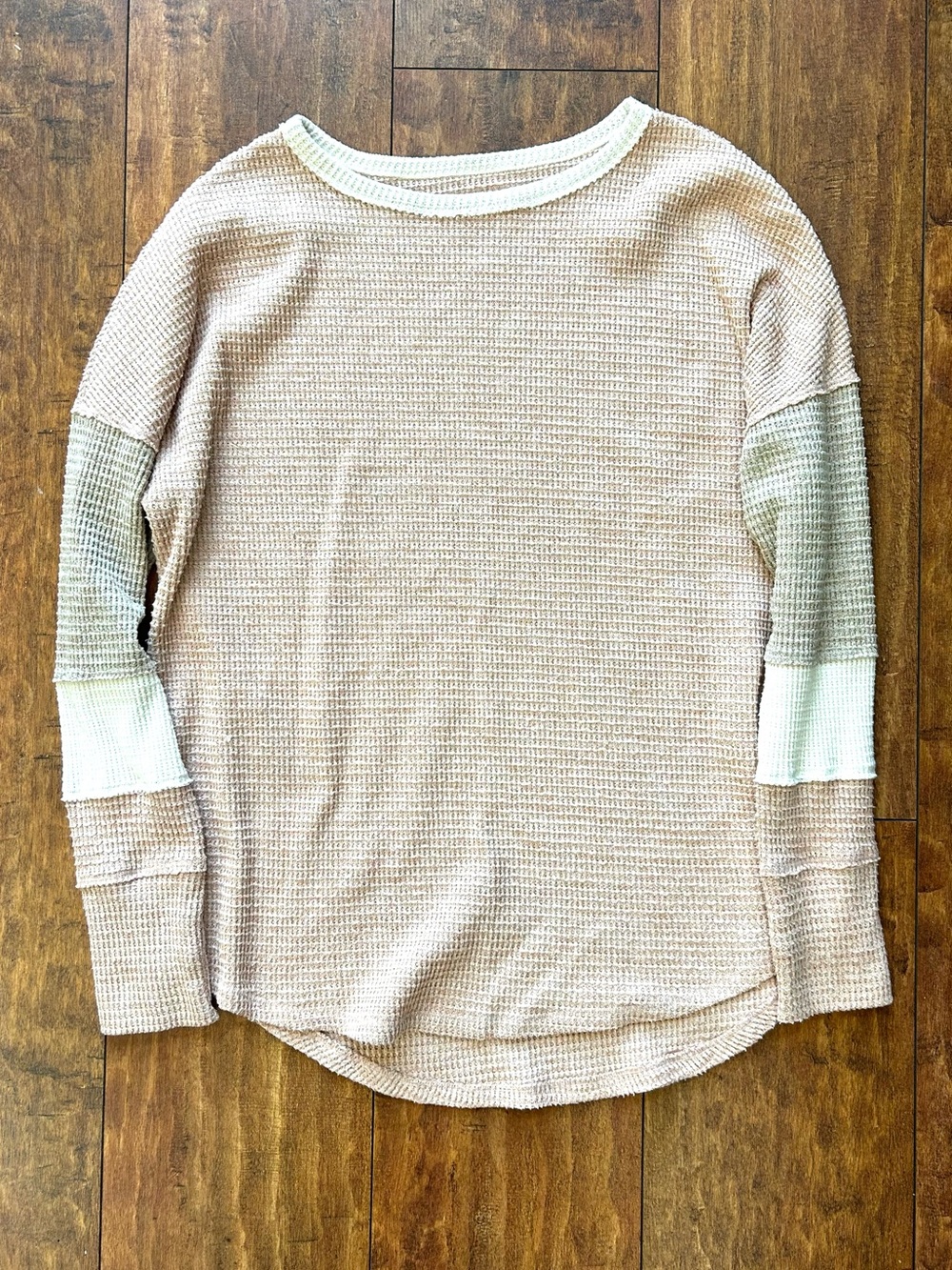SO Colorblock Waffle Knit Thermal Top | Pink Taupe Ivory Long Sleeve Size Large